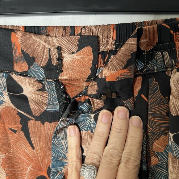 Kori Rust & Blue Leaf Wide Leg Silky Trouser Career Pull On Elastic Pants Size S - Picture 6 of 7